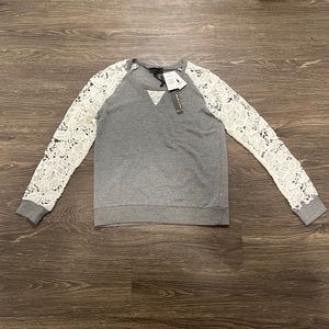 i jeans by Buffalo Gray Sweater with Cream Lace Sleeves
